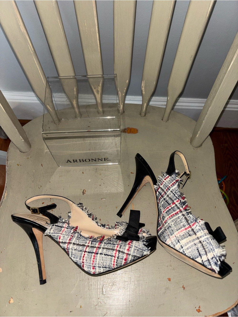 kate spade Sz 10 Tweed Slingback Peep-Toe Heels in Black, White and Red